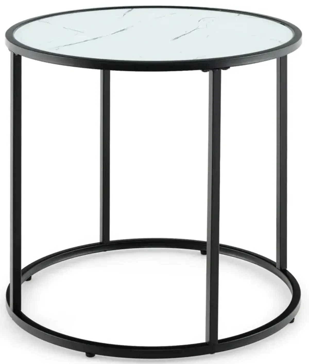 20 Inch Glass End Table with Metal Frame and Faux Marble Glass Top-Black and White