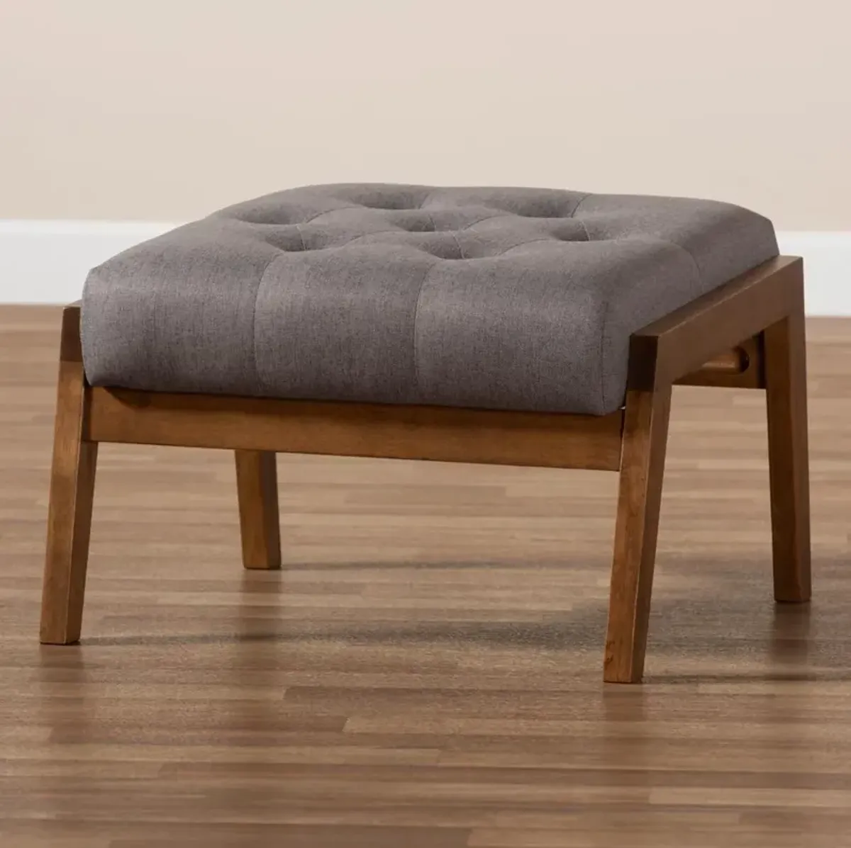 Naeva Mid-Century Modern Grey Fabric Upholstered Walnut Finished Wood Footstool