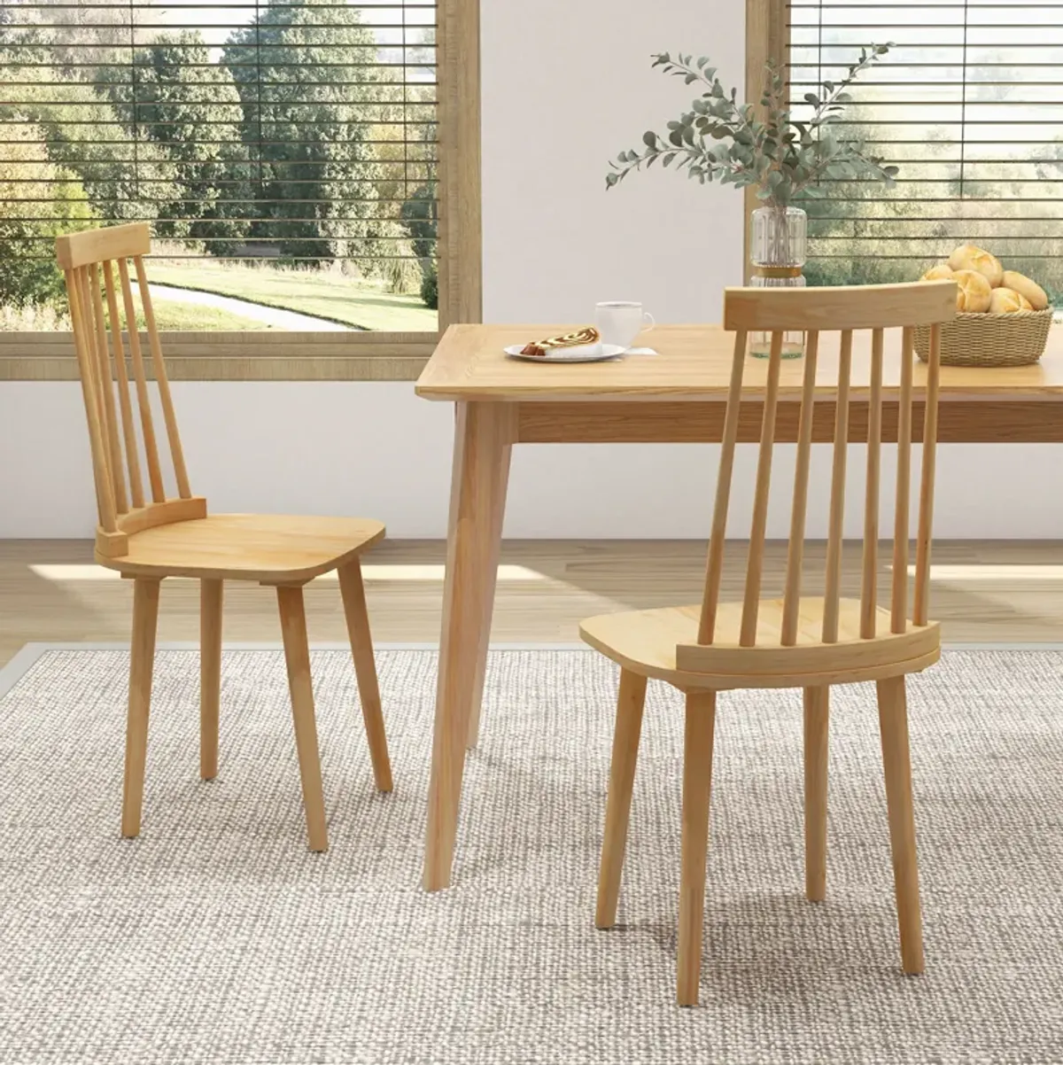 Windsor Dining Chairs Set of 2 with High Spindle Back and Natural Rubber Wood Legs