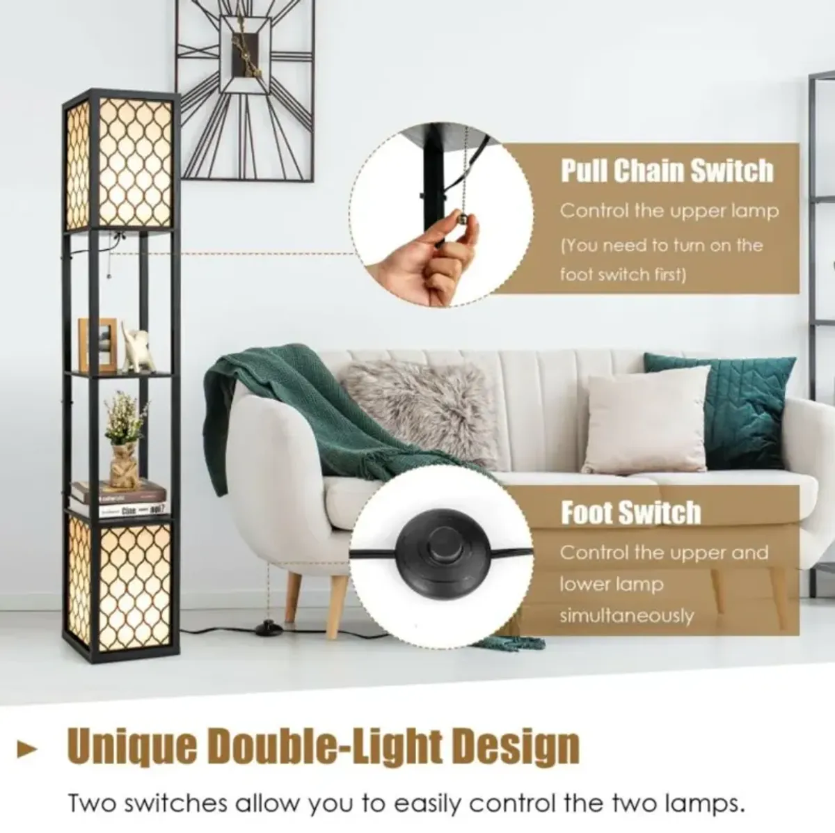 Hivvago Modern Shelf Freestanding Floor Lamp with Double Lamp Pull Chain and Foot Switch