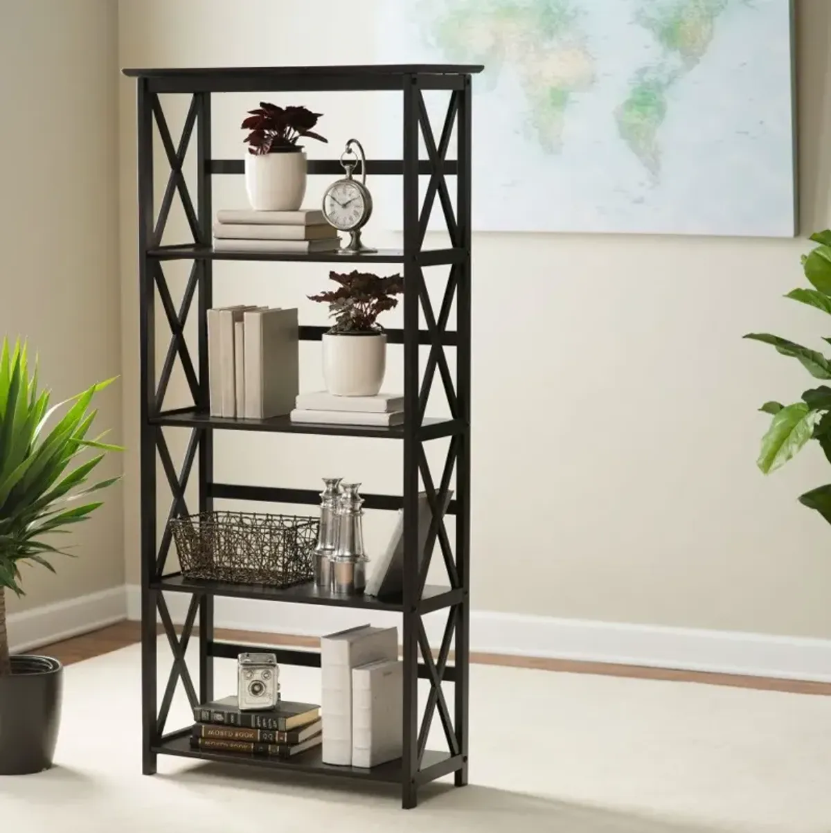 Tall 5 Tier Bookcase in Black Wood Finish