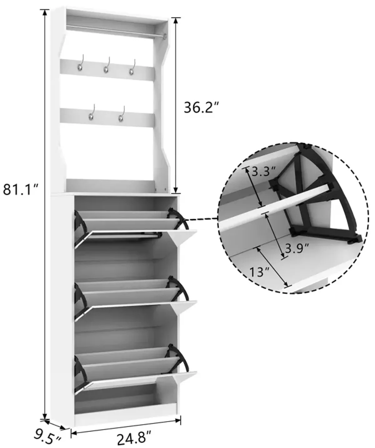 Mirror Shoe Cabinet With 3 Flip-Tier Drawers, Mirror Shoe Rack Organizer Store Ample Shoes, Hooks&Hangers For Organizing Clothes And Hats In The Entrance Or Hallway, White