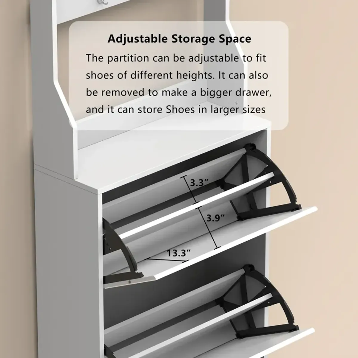 Mirror Shoe Cabinet With 3 Flip-Tier Drawers, Mirror Shoe Rack Organizer Store Ample Shoes, Hooks&Hangers For Organizing Clothes And Hats In The Entrance Or Hallway, White