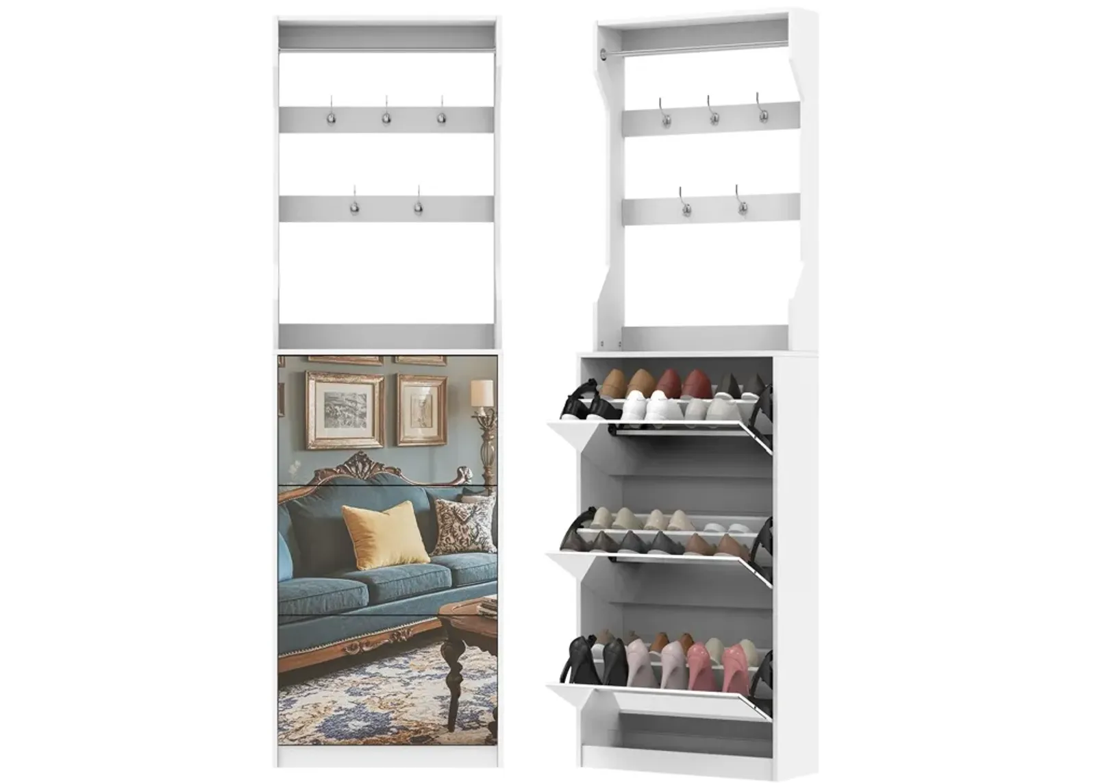 Mirror Shoe Cabinet With 3 Flip-Tier Drawers, Mirror Shoe Rack Organizer Store Ample Shoes, Hooks&Hangers For Organizing Clothes And Hats In The Entrance Or Hallway, White