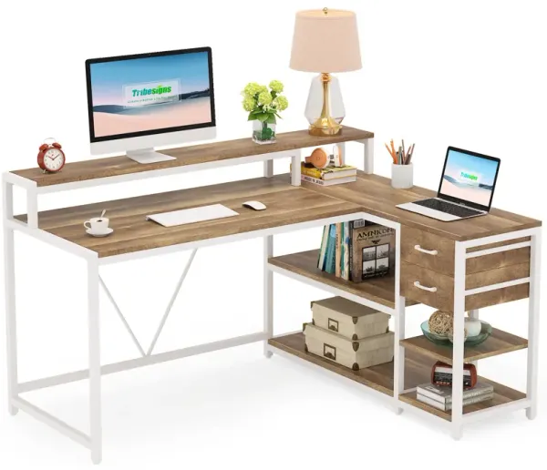 Tribesigns L Shaped Desk with Drawers and Storage Shelves, Corner Home Office Desk with Monitor Stand, 55" x 24" Desktop Computer Table, Gaming Study for Small Space (Oak)