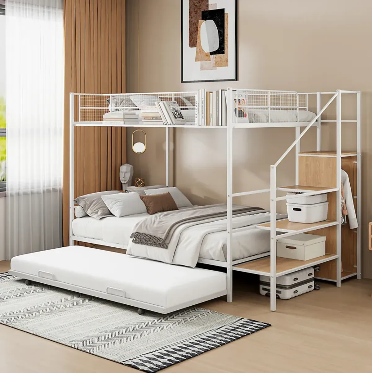 Merax Metal Bunk Bed with Trundle and Wardrobe