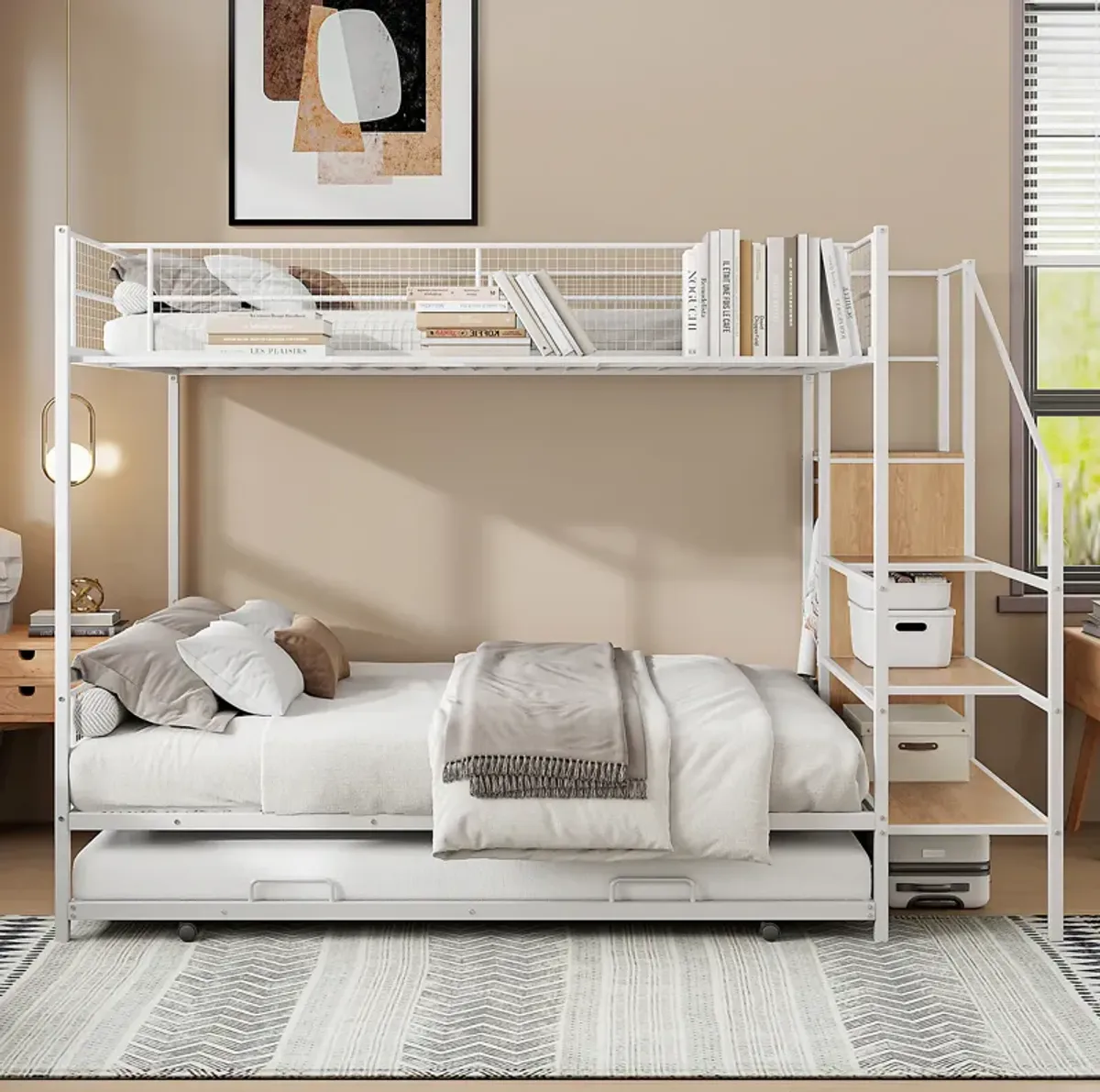 Merax Metal Bunk Bed with Trundle and Wardrobe