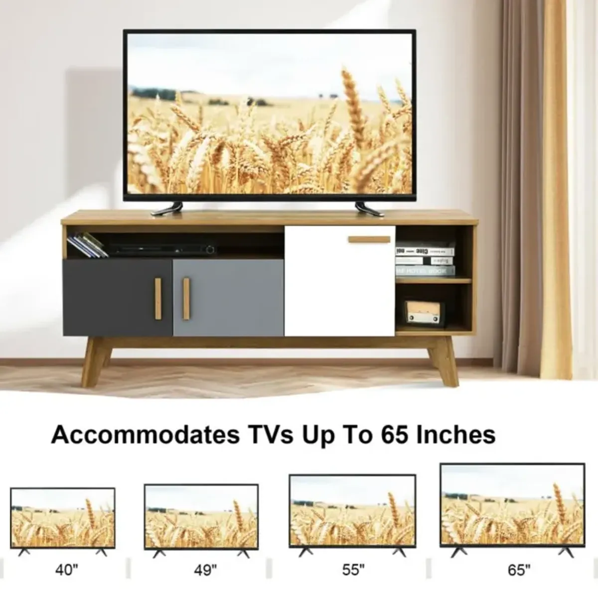 Hivvago 65 Inch TV Stand with 3 Storage Cabinets and 3 Open Shelves for Living Room