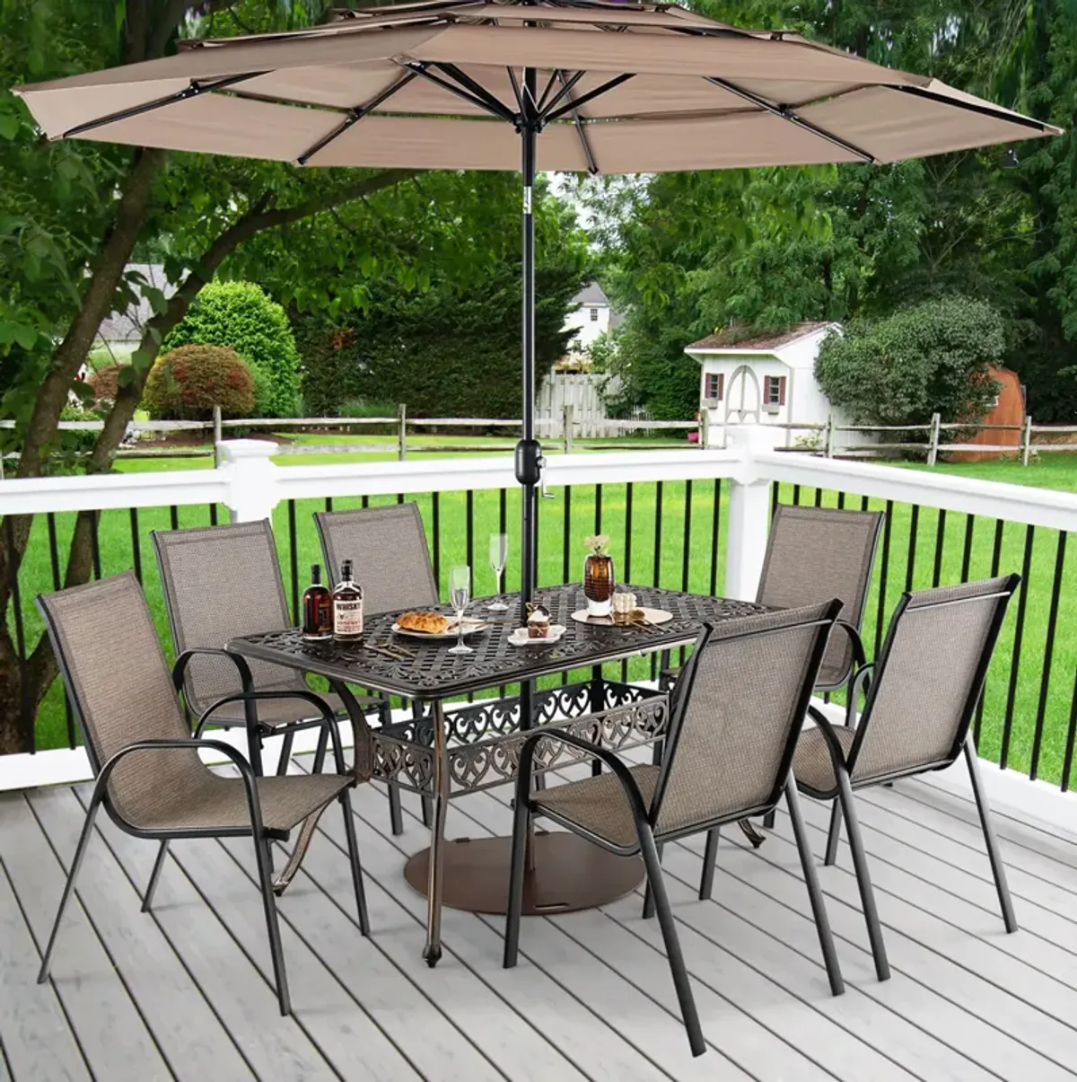 59 Inch Aluminum Patio Dining Table with Umbrella Hole fot 6 Persons-Bronze