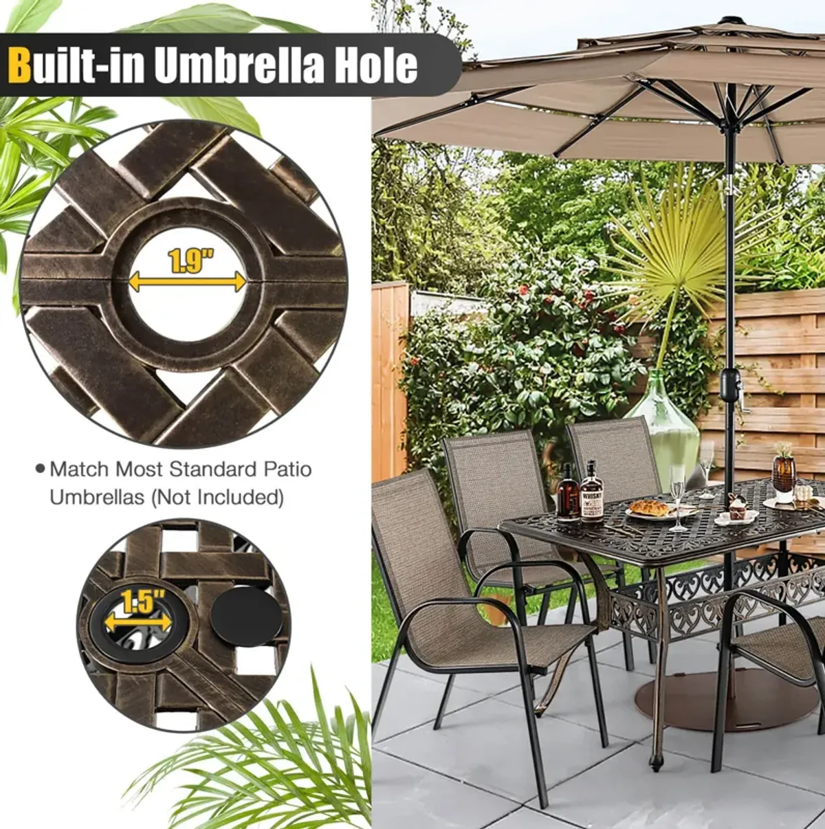 59 Inch Aluminum Patio Dining Table with Umbrella Hole fot 6 Persons-Bronze