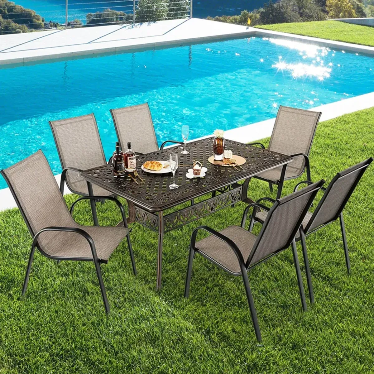 59 Inch Aluminum Patio Dining Table with Umbrella Hole fot 6 Persons-Bronze