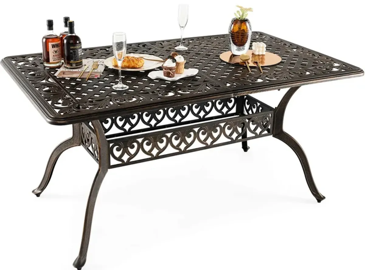 59 Inch Aluminum Patio Dining Table with Umbrella Hole fot 6 Persons-Bronze