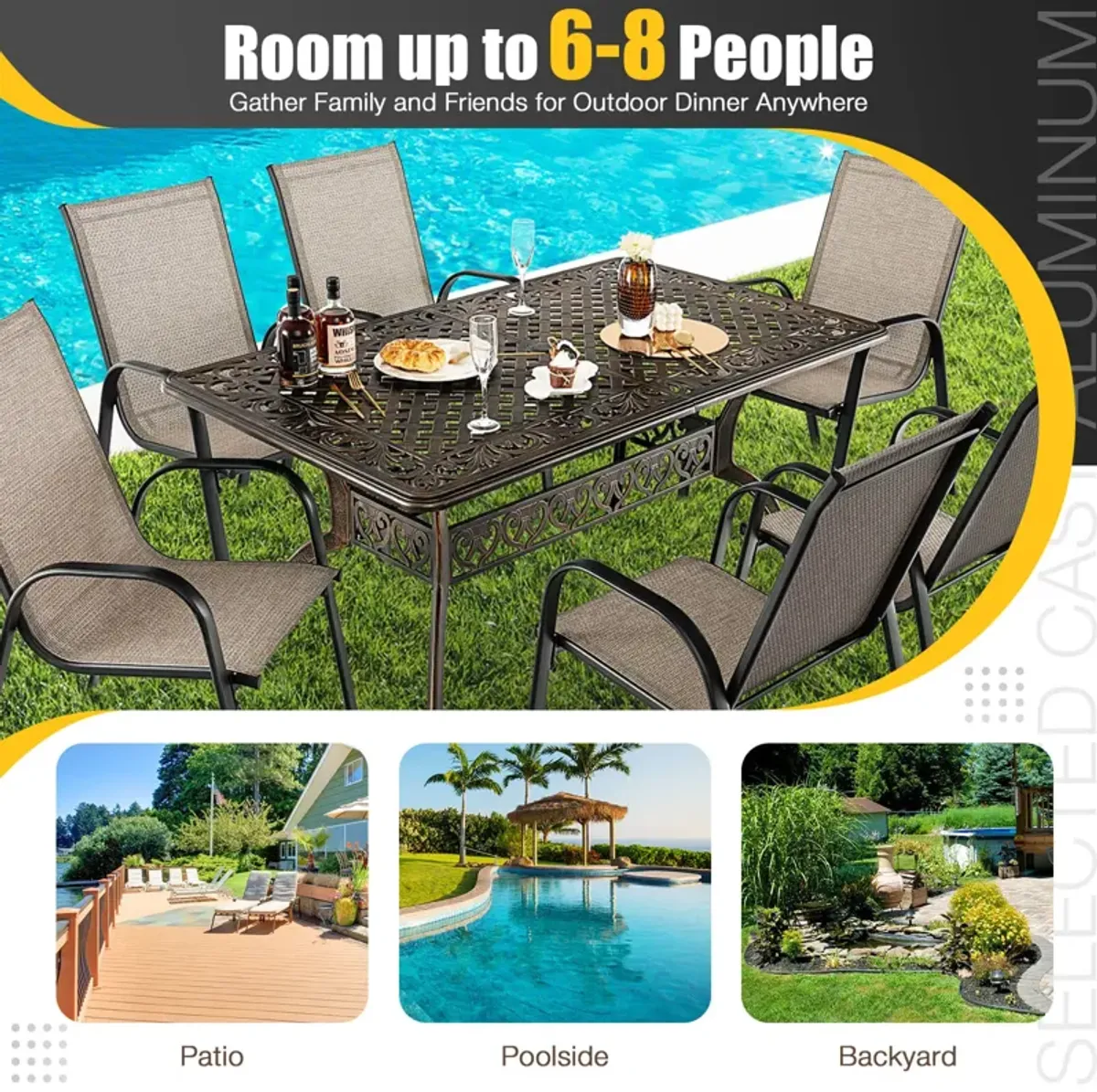 59 Inch Aluminum Patio Dining Table with Umbrella Hole fot 6 Persons-Bronze