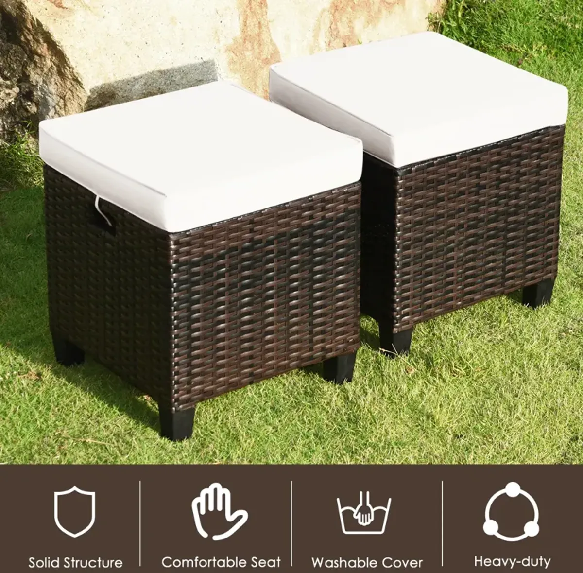 2 Pieces Patio Rattan Ottoman Set with Removable Cushions