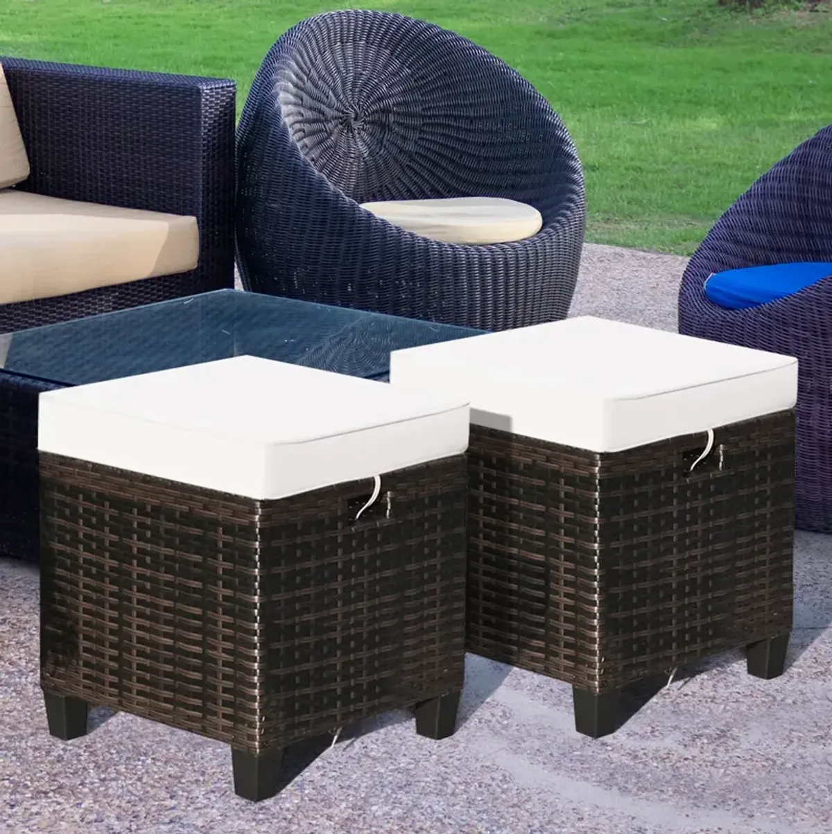 2 Pieces Patio Rattan Ottoman Set with Removable Cushions