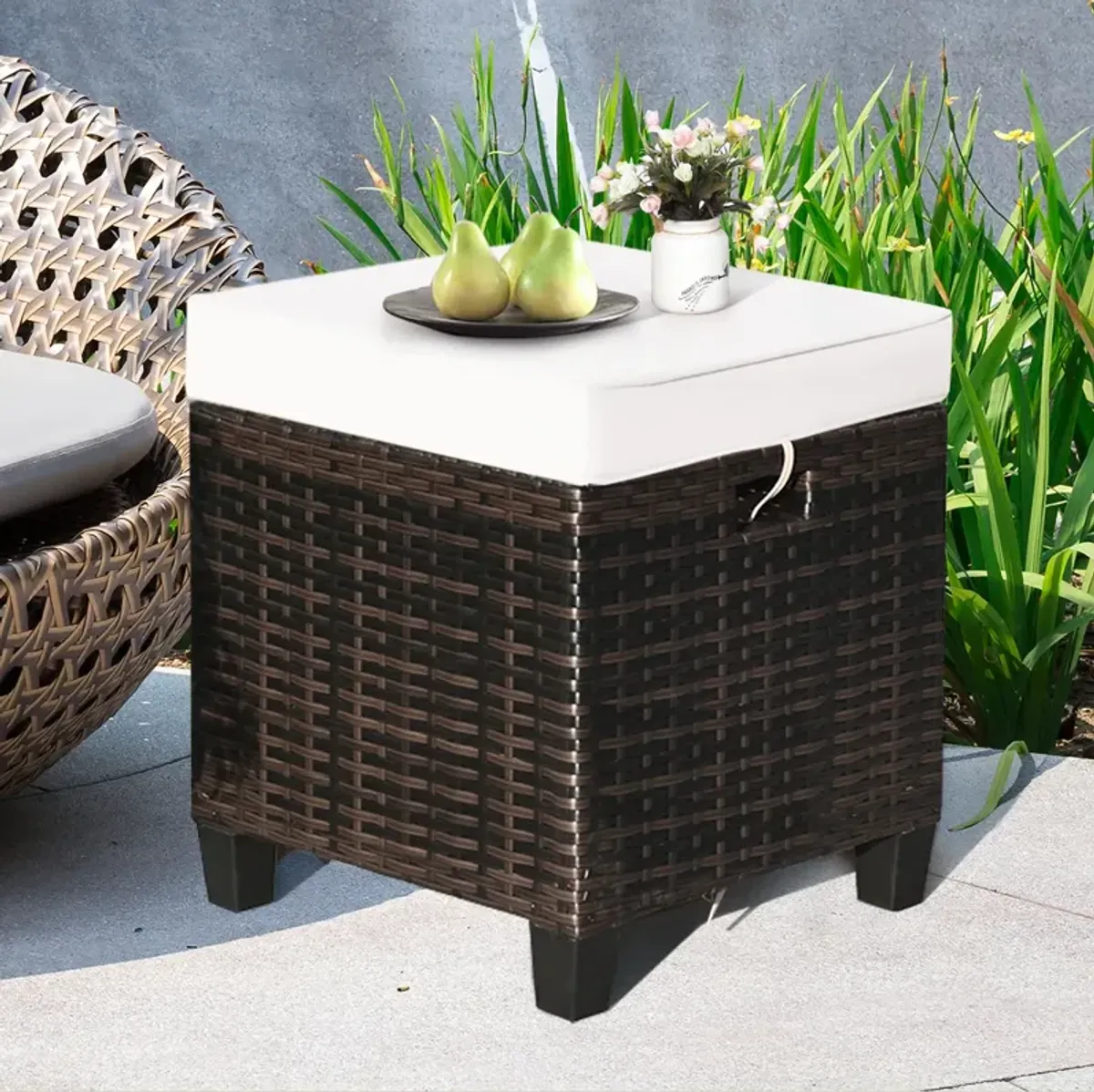 2 Pieces Patio Rattan Ottoman Set with Removable Cushions