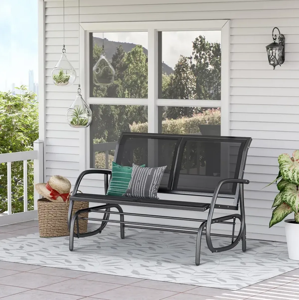 Outsunny 2-Person Outdoor Glider Bench, Patio Double Swing Rocking Chair Loveseat w/ Powder Coated Steel Frame for Backyard Garden Porch, Black