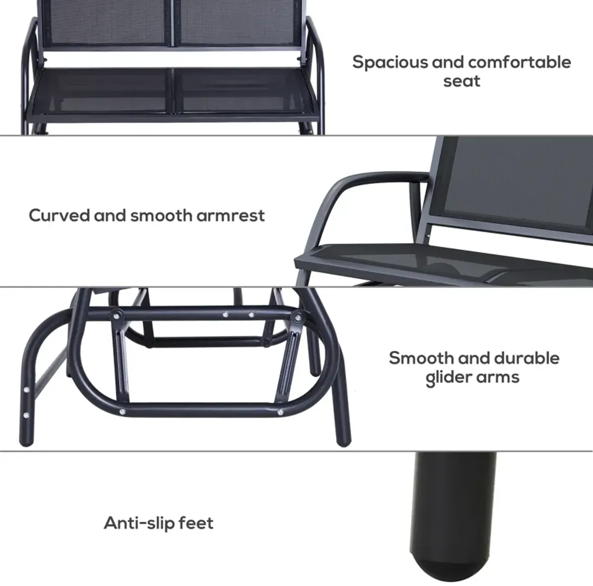 Outsunny 2-Person Outdoor Glider Bench, Patio Double Swing Rocking Chair Loveseat w/ Powder Coated Steel Frame for Backyard Garden Porch, Black