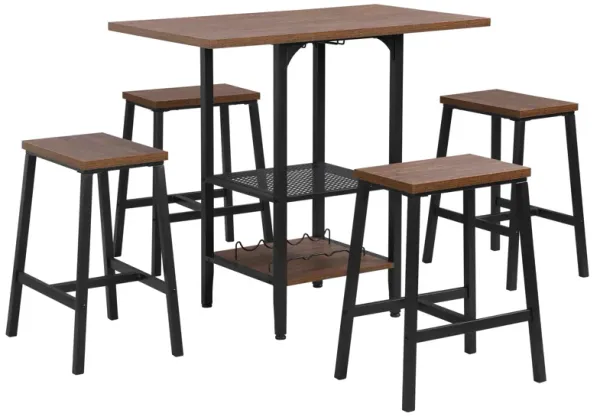 Hivvago Bar Kitchen Counter Height Table Set with 4 Stools and Wine Holder