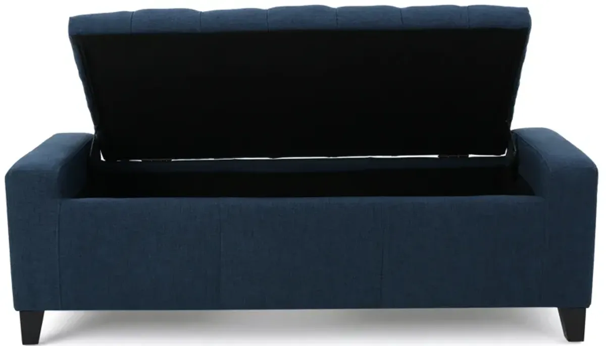 Storage Ottoman Bench, 51 Inch, Deep Button Tufted Dark Blue Fabric - Benzara