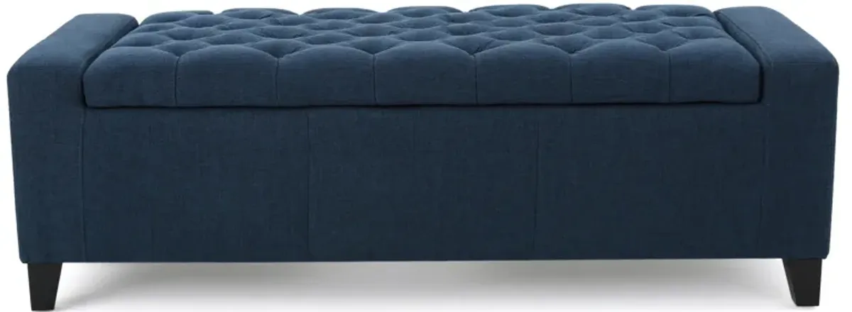 Storage Ottoman Bench, 51 Inch, Deep Button Tufted Dark Blue Fabric - Benzara