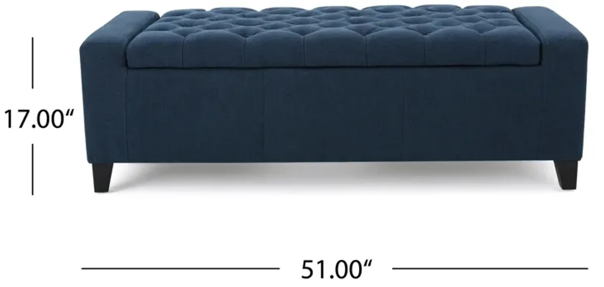 Storage Ottoman Bench, 51 Inch, Deep Button Tufted Dark Blue Fabric - Benzara