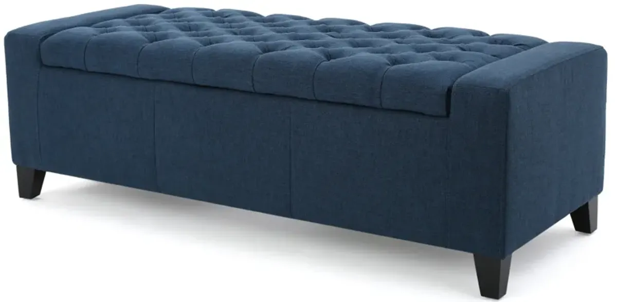 Storage Ottoman Bench, 51 Inch, Deep Button Tufted Dark Blue Fabric - Benzara