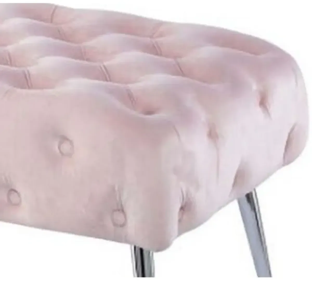 Rey 48 Inch Accent Bench, Tufted Pink Velvet Upholstery Padded Seat, Chrome - Benzara