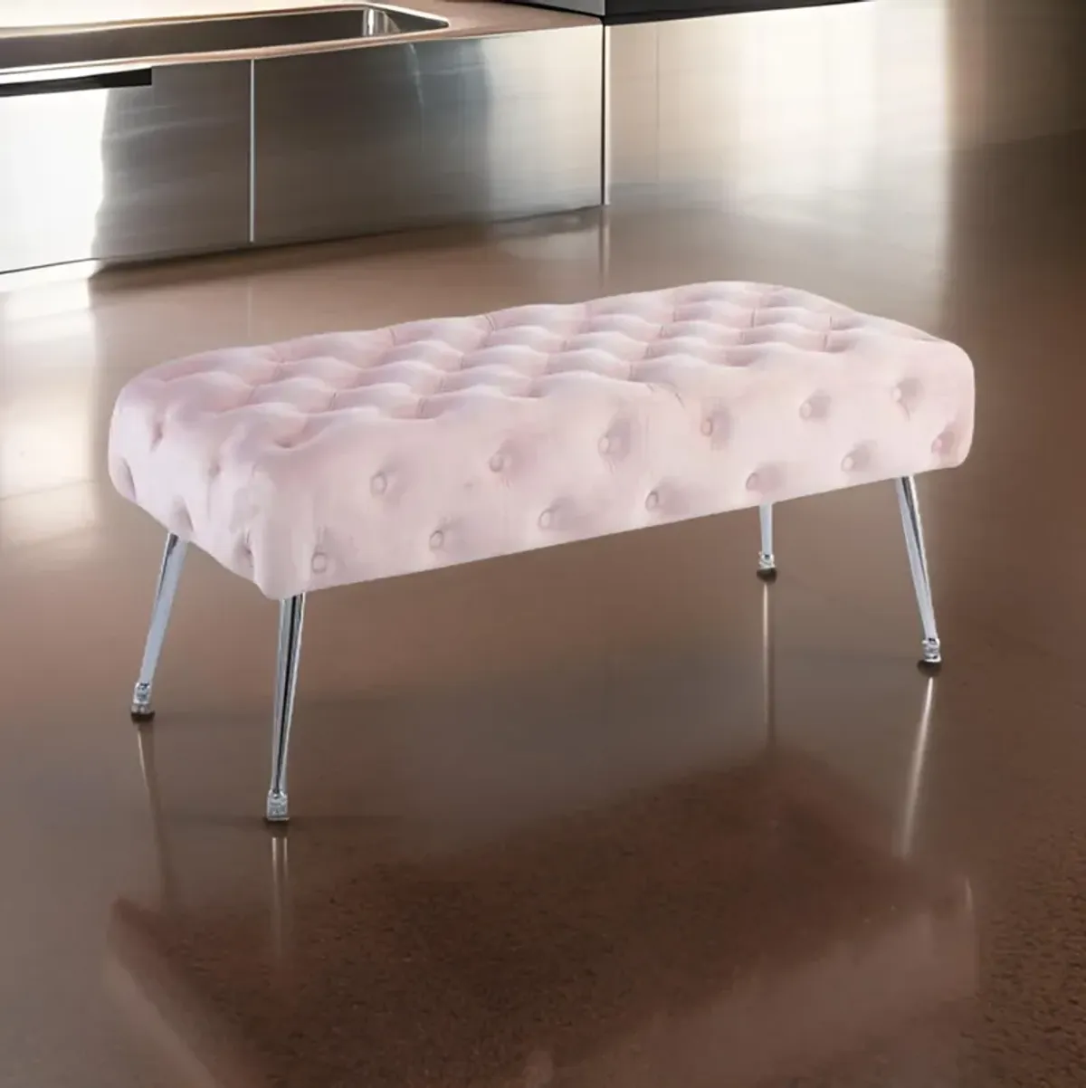 Rey 48 Inch Accent Bench, Tufted Pink Velvet Upholstery Padded Seat, Chrome - Benzara