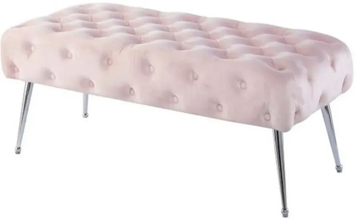 Rey 48 Inch Accent Bench, Tufted Pink Velvet Upholstery Padded Seat, Chrome - Benzara