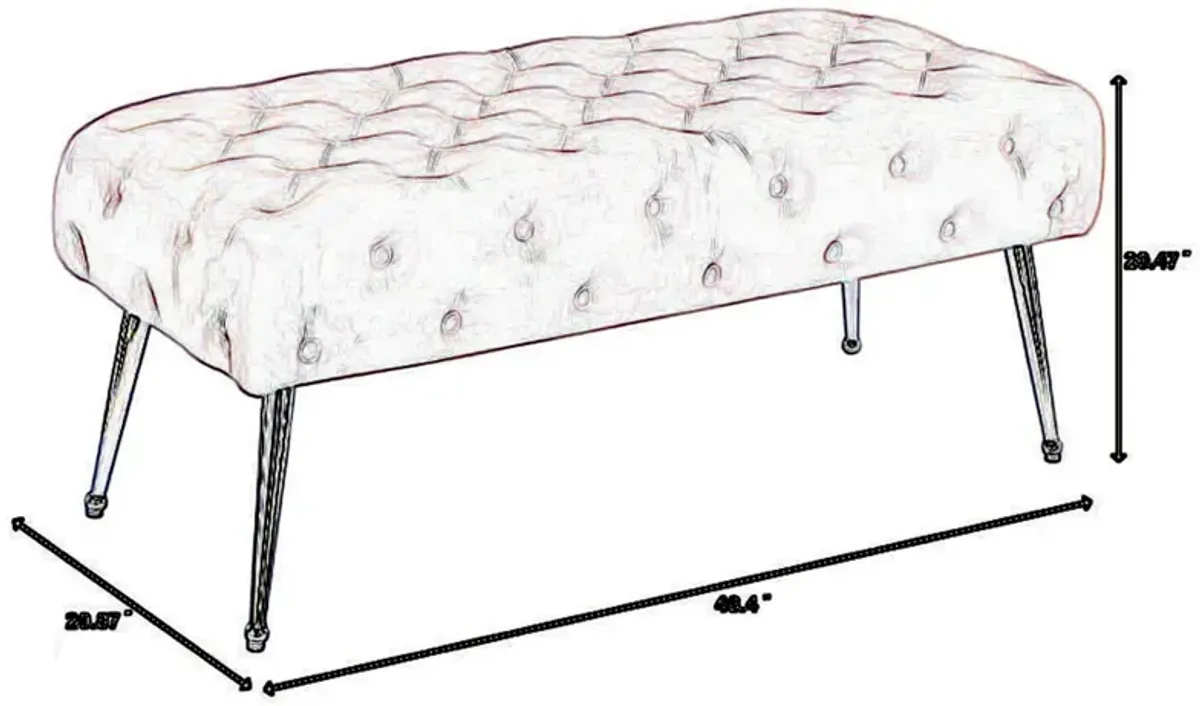 Rey 48 Inch Accent Bench, Tufted Pink Velvet Upholstery Padded Seat, Chrome - Benzara