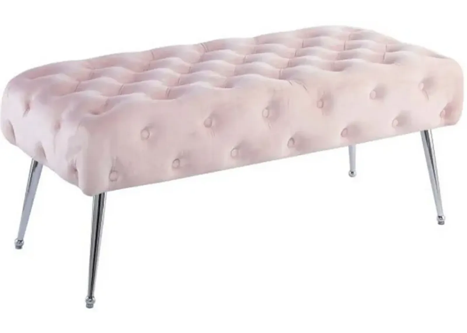 Rey 48 Inch Accent Bench, Tufted Pink Velvet Upholstery Padded Seat, Chrome - Benzara