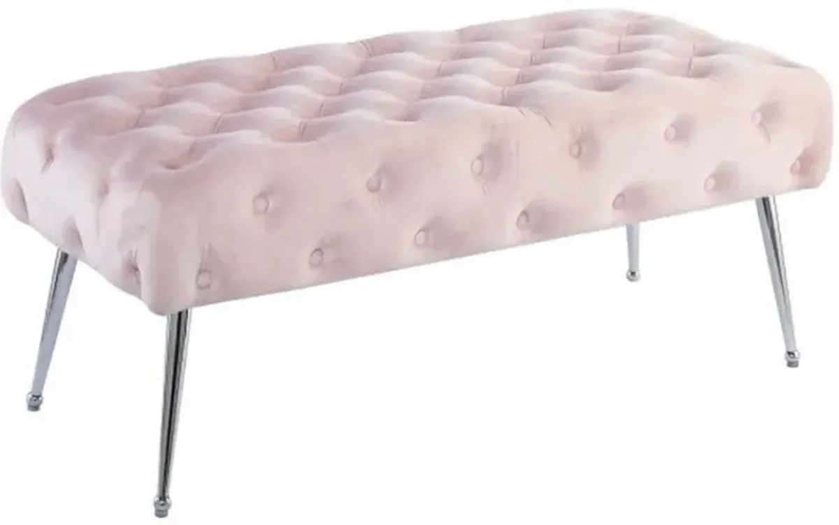 Rey 48 Inch Accent Bench, Tufted Pink Velvet Upholstery Padded Seat, Chrome - Benzara