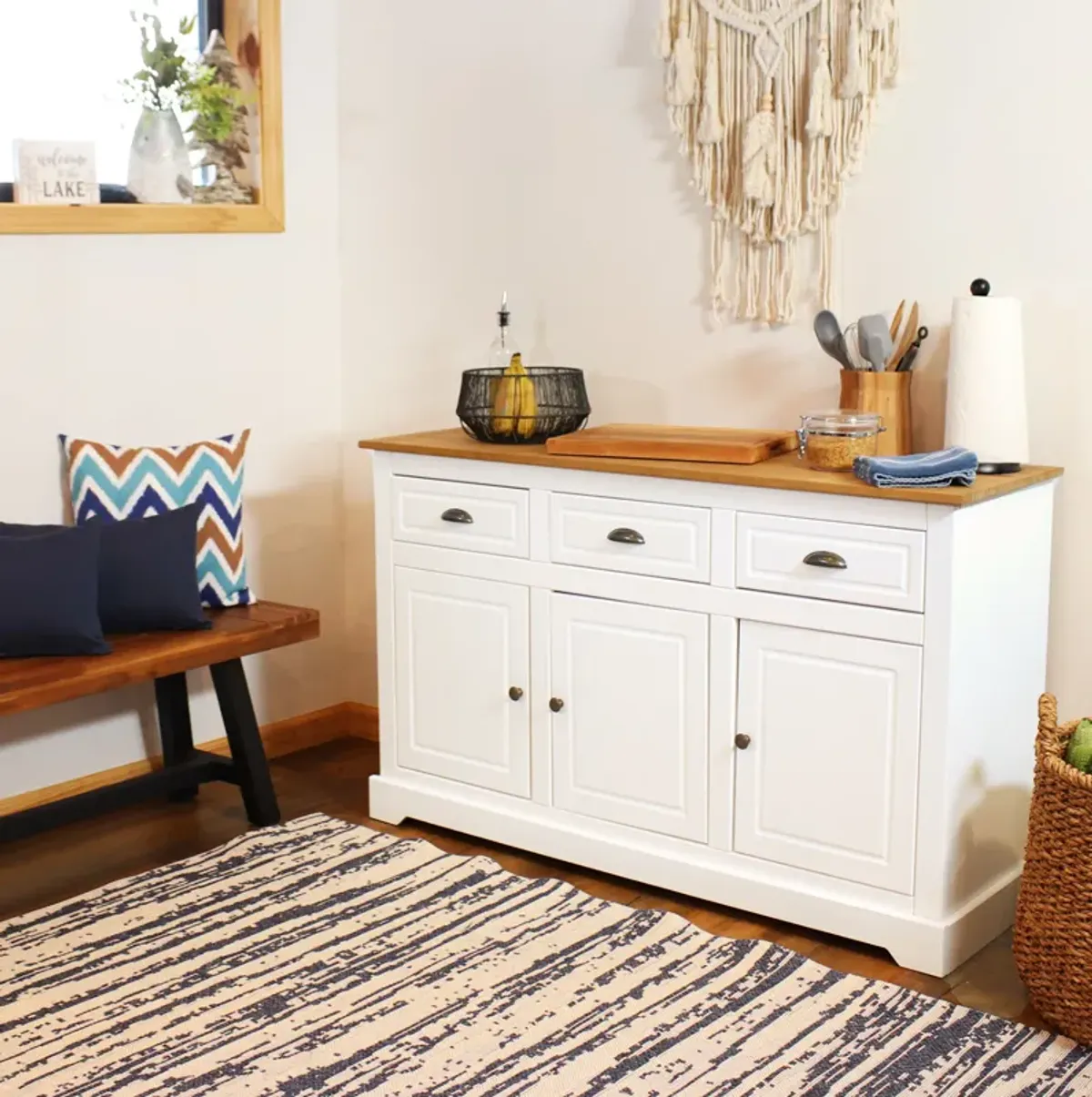 Sunnydaze Solid Pine Sideboard with 3 Drawers and 3 Doors - White - 32 in