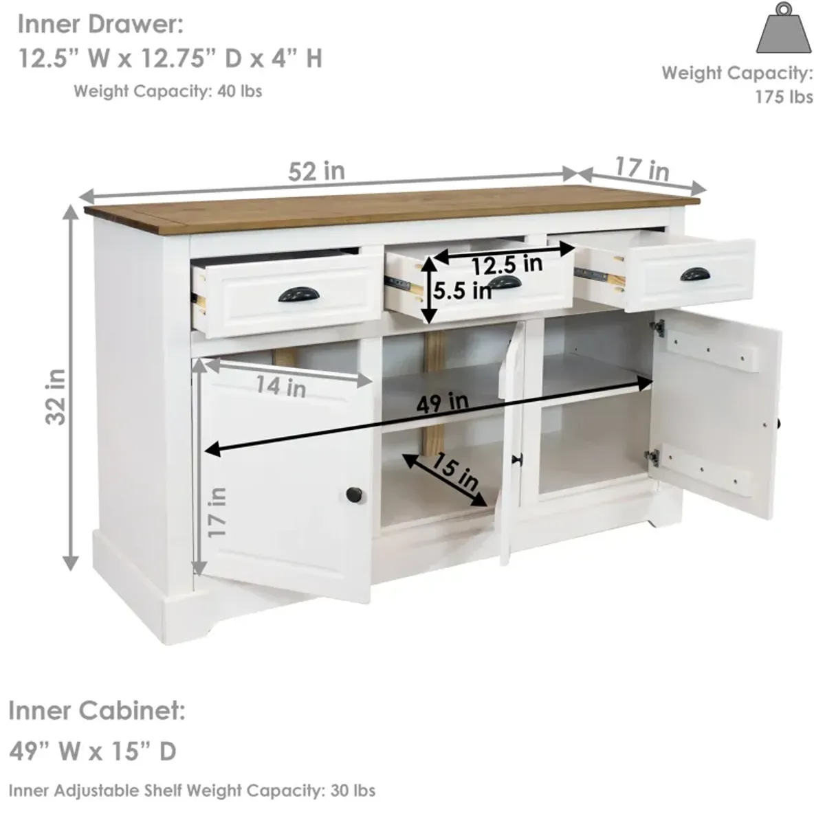 Sunnydaze Solid Pine Sideboard with 3 Drawers and 3 Doors - White - 32 in