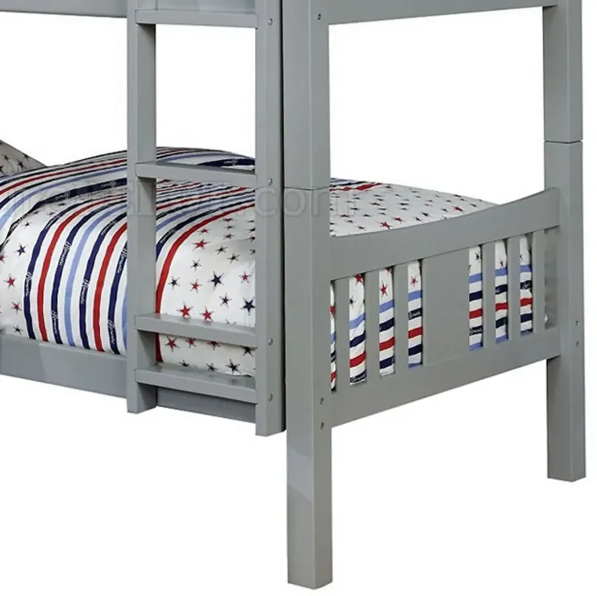 Slatted Twin Over Twin Bunk Bed with Attached Ladder, Gray-Benzara