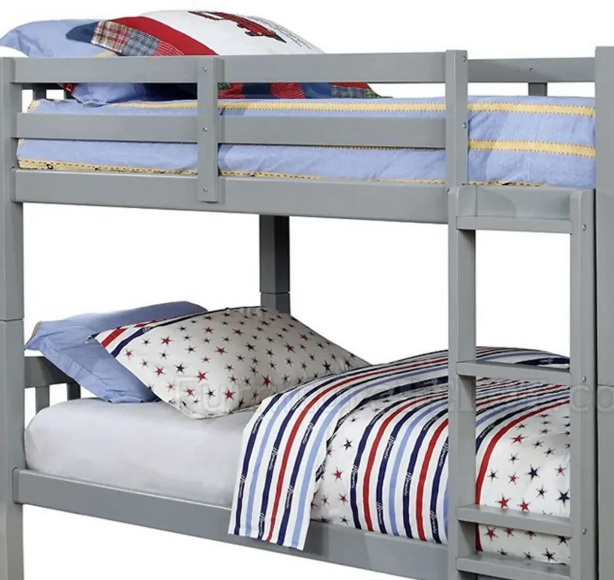 Slatted Twin Over Twin Bunk Bed with Attached Ladder, Gray-Benzara