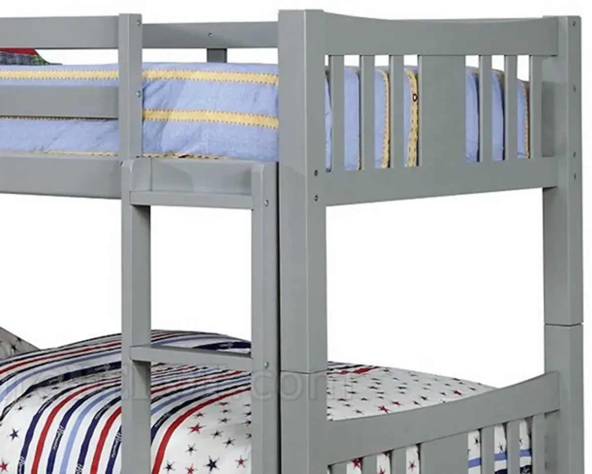 Slatted Twin Over Twin Bunk Bed with Attached Ladder, Gray-Benzara