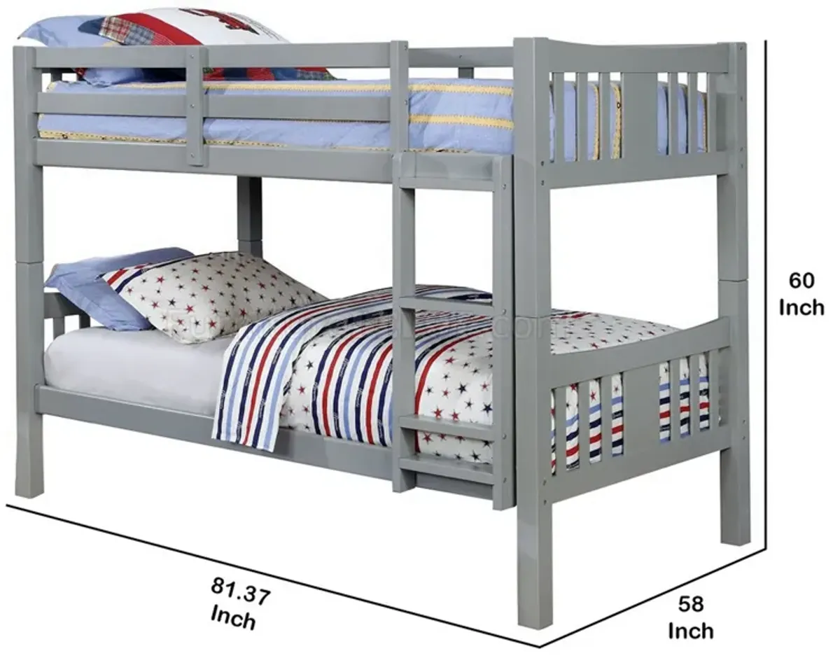 Slatted Twin Over Twin Bunk Bed with Attached Ladder, Gray-Benzara