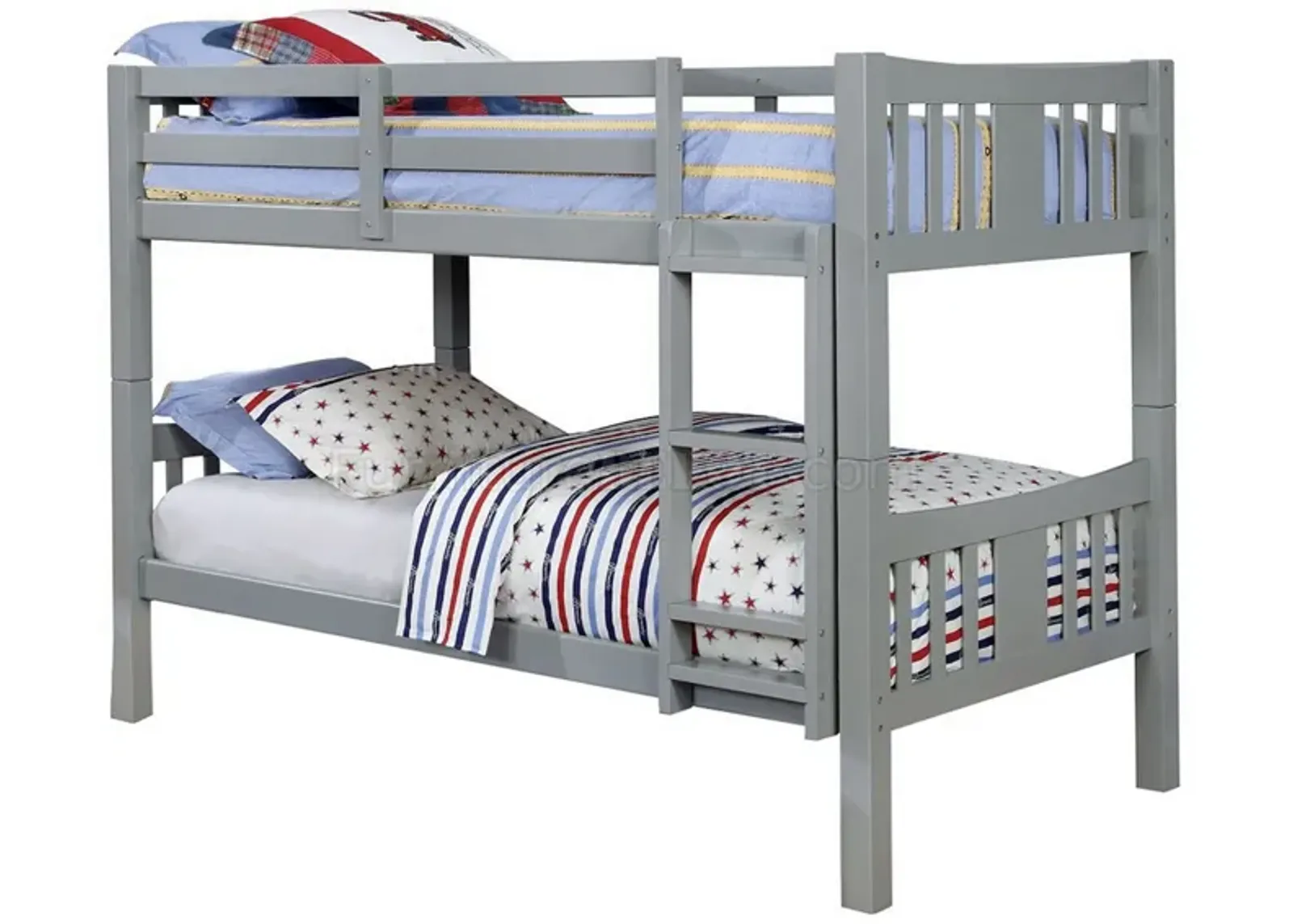 Slatted Twin Over Twin Bunk Bed with Attached Ladder, Gray-Benzara