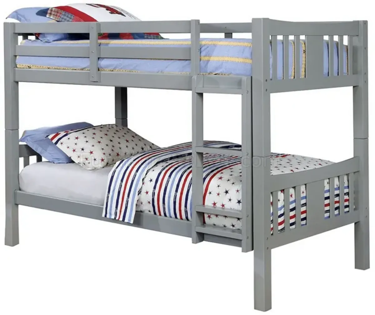 Slatted Twin Over Twin Bunk Bed with Attached Ladder, Gray-Benzara