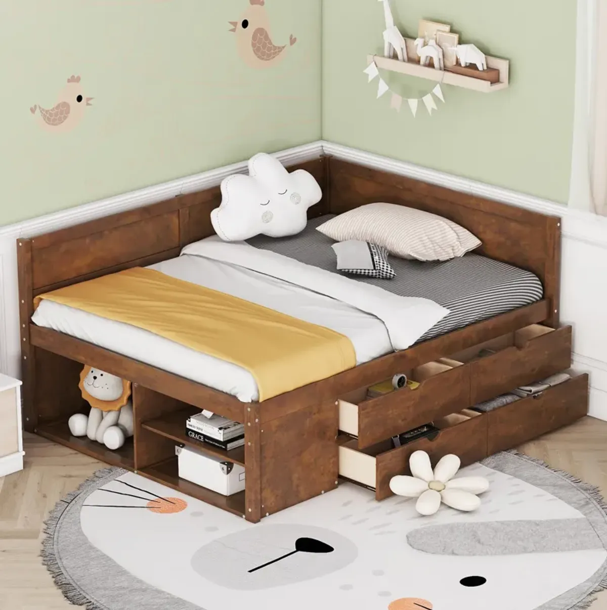 Whisen Elegant Design Full Size Daybed with Drawers and Shelves