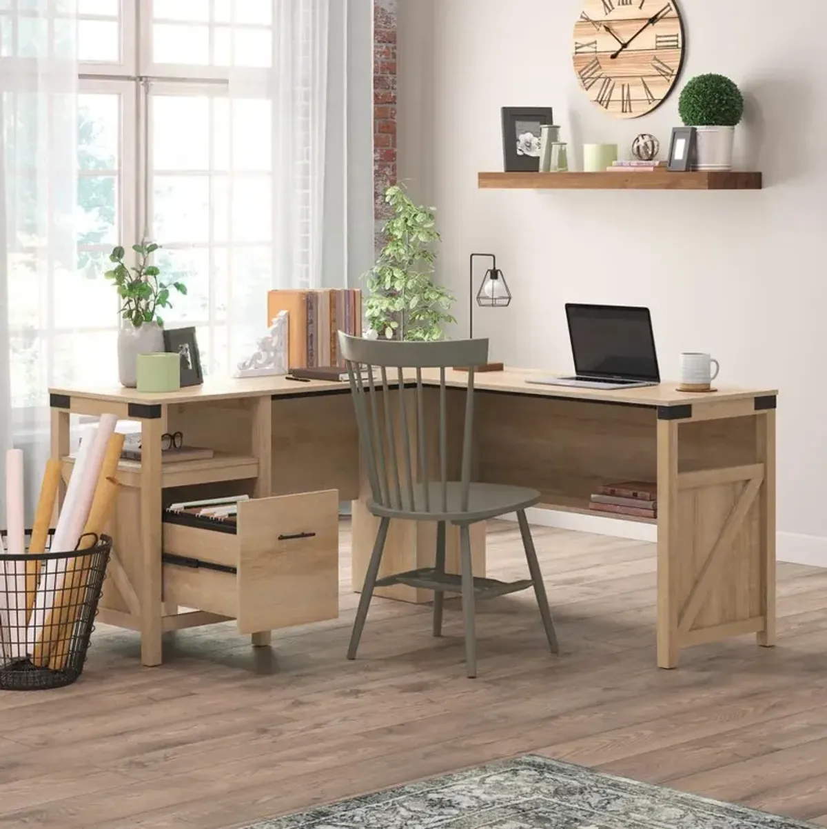 Sauder Bridge Acre Rustic Farmhouse L-Desk Oo