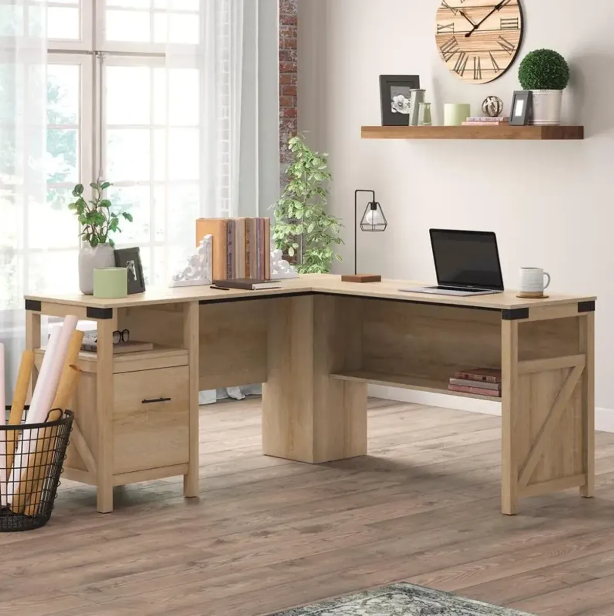 Sauder Bridge Acre Rustic Farmhouse L-Desk Oo