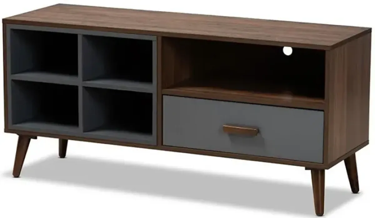 Two-Tone Grey and Walnut Brown Finished Wood 1-Drawer TV Stand