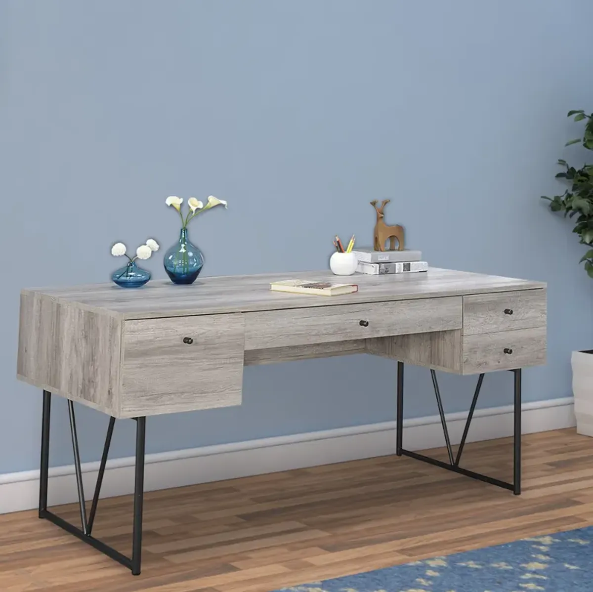 Chic Atelier Writing Desk 4 Drawer, Driftwood Gray-Benzara