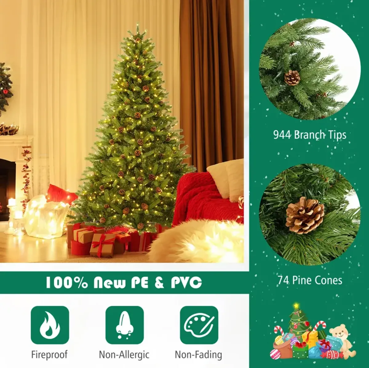 Artificial Christmas Tree with Pine Cones and Adjustable Brightness