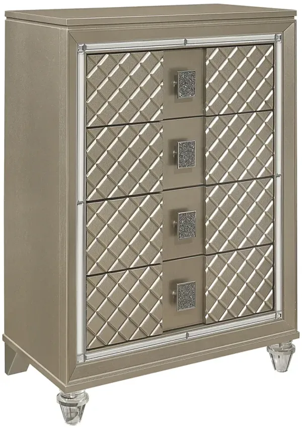 Loy Tall Dresser Chest, 4 Drawers Champagne Gold Metallic, Mirror Trim - Benzara