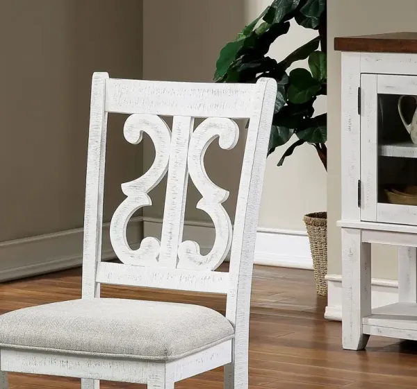 Streamdale Distressed White Dining Chairs with Gray Fabric Seat