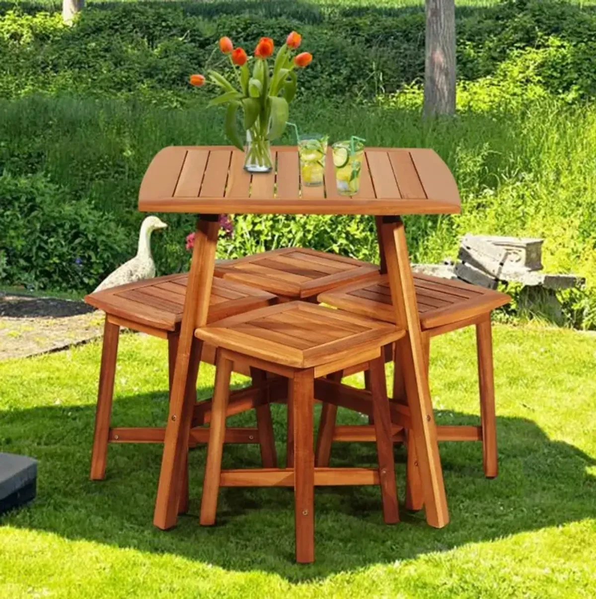 Hivvago 5 Pieces Wood Patio Dining Set with Square Table and 4 Stools